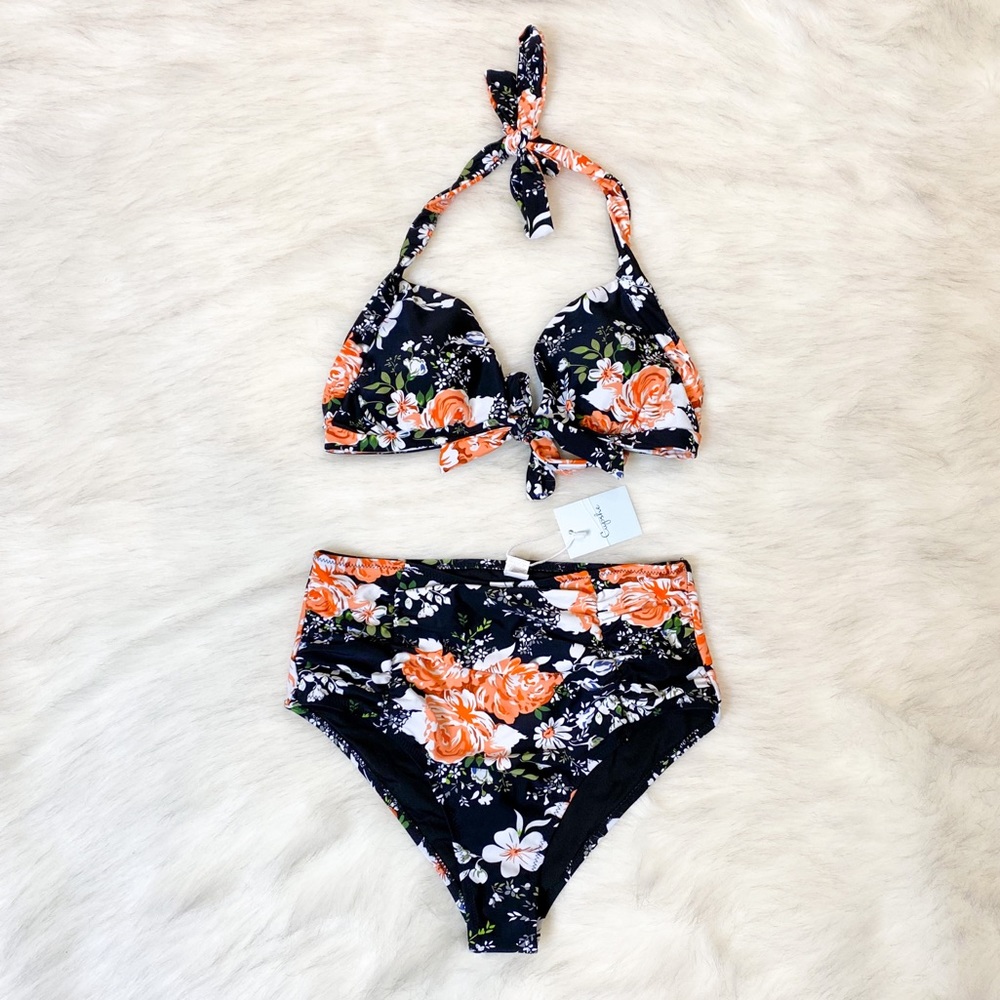 Cupshe Black & Coral Floral Halter Bikini